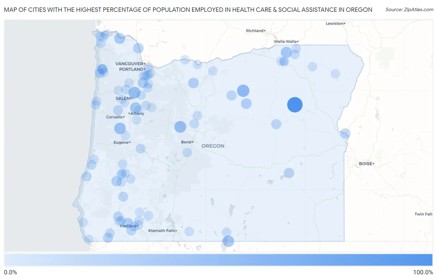 Cities with the Highest Percentage of Population Employed in Health Care & Social Assistance in Oregon Map