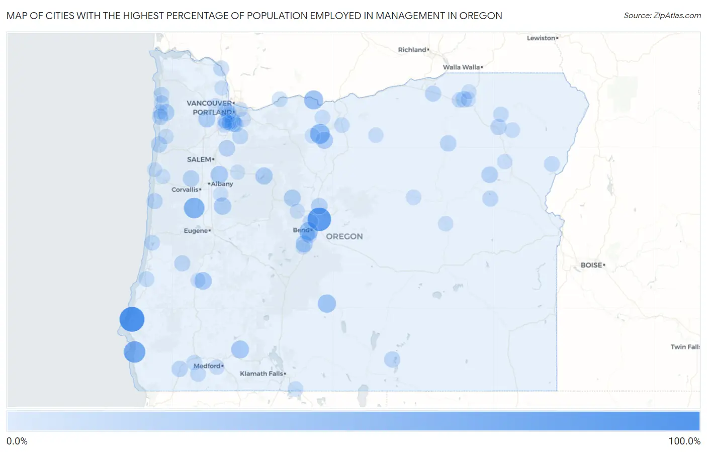 Cities with the Highest Percentage of Population Employed in Management in Oregon Map