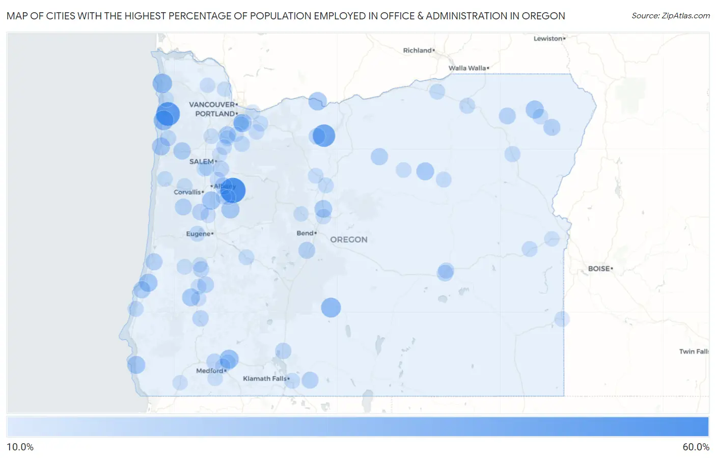 Cities with the Highest Percentage of Population Employed in Office & Administration in Oregon Map
