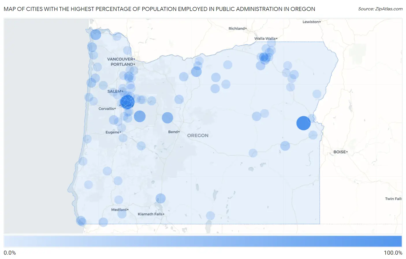 Cities with the Highest Percentage of Population Employed in Public Administration in Oregon Map