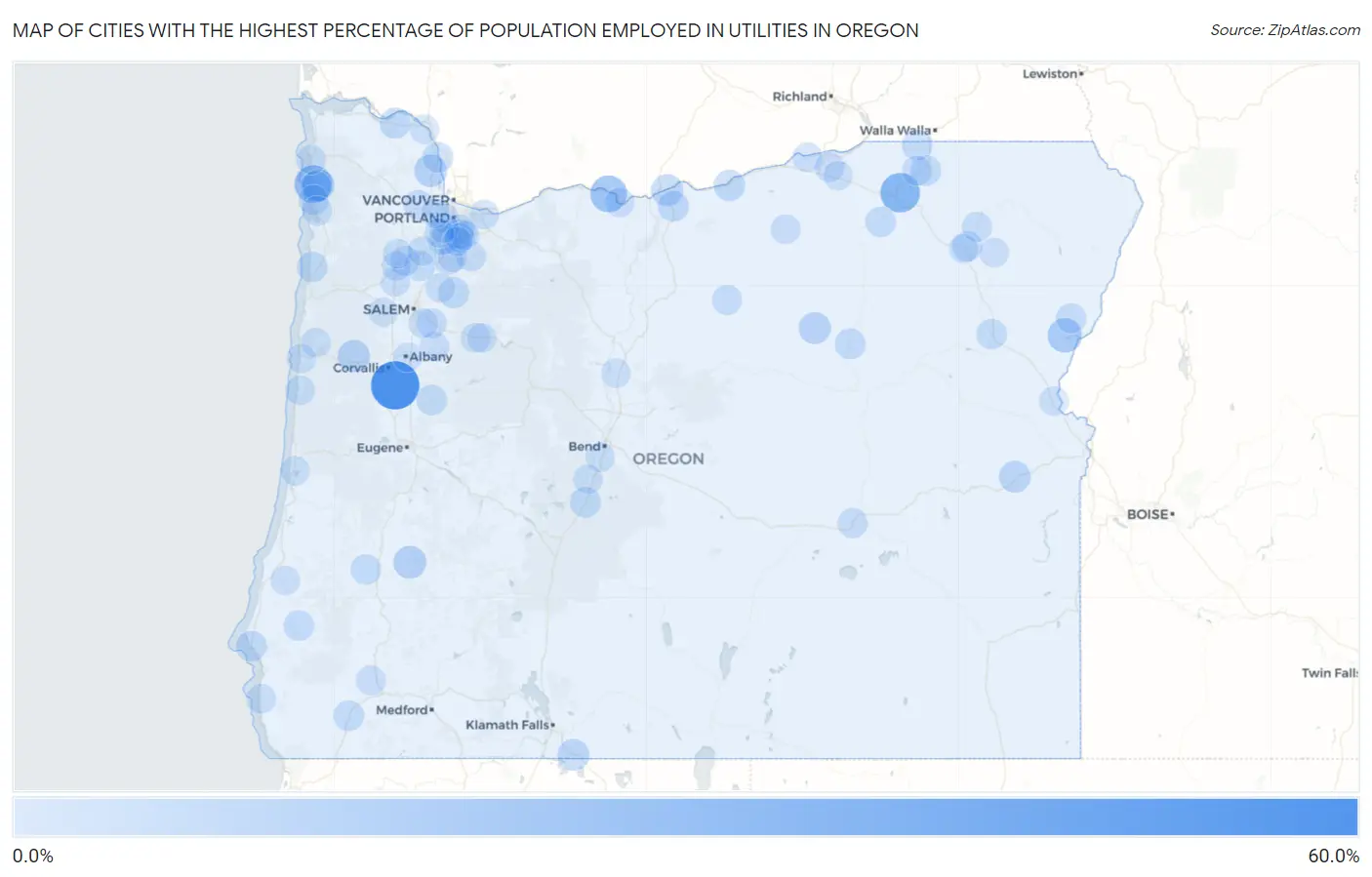 Cities with the Highest Percentage of Population Employed in Utilities in Oregon Map