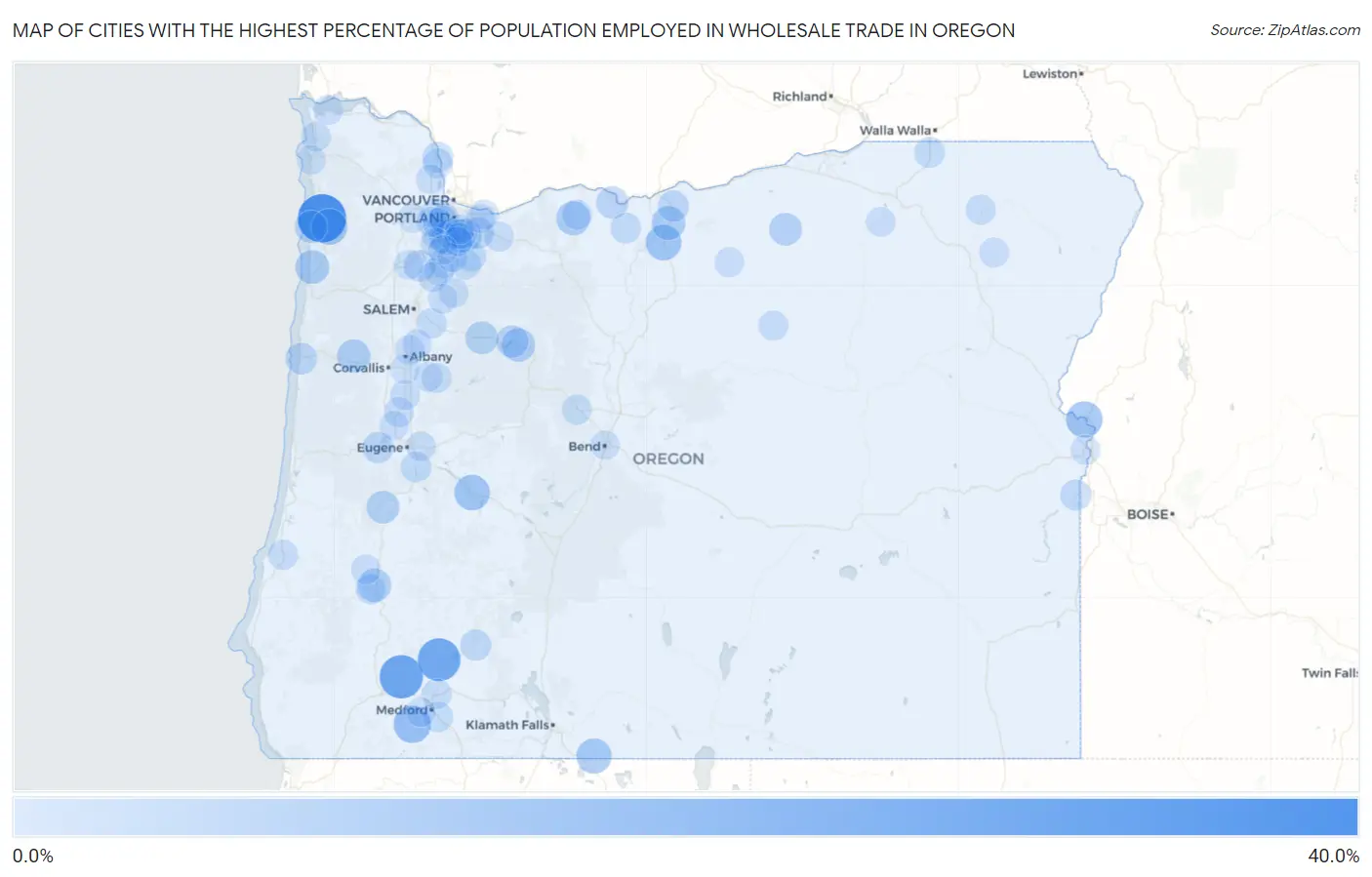 Cities with the Highest Percentage of Population Employed in Wholesale Trade in Oregon Map