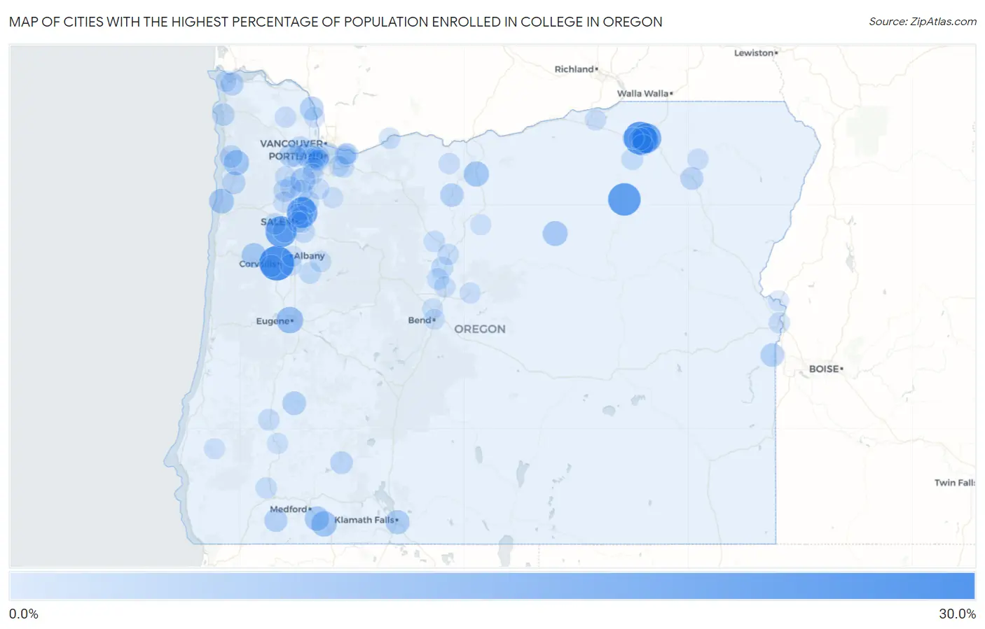 Cities with the Highest Percentage of Population Enrolled in College in Oregon Map