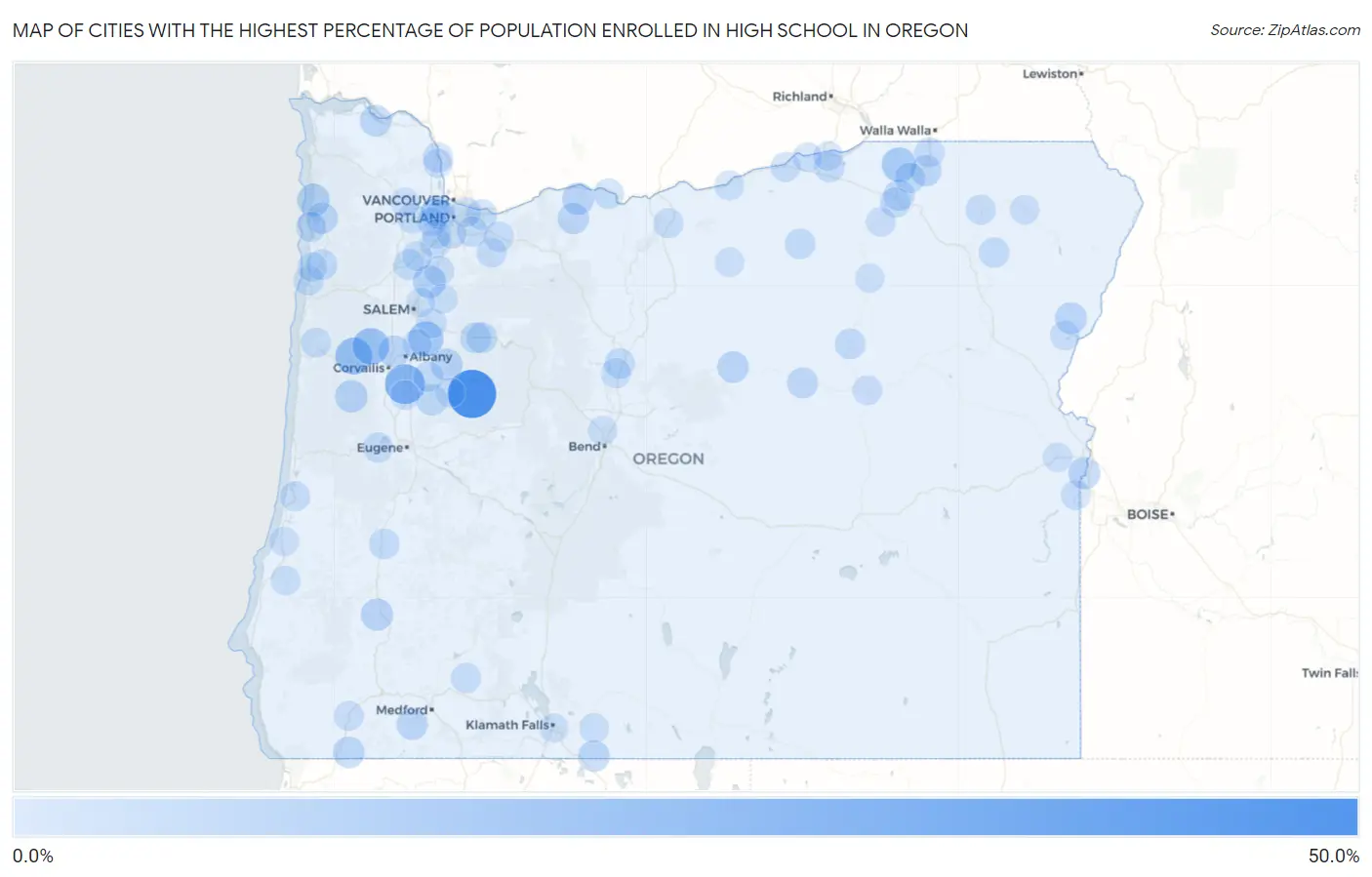 Cities with the Highest Percentage of Population Enrolled in High School in Oregon Map