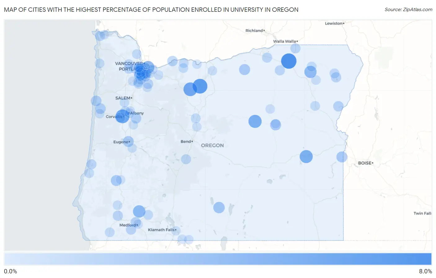 Cities with the Highest Percentage of Population Enrolled in University in Oregon Map