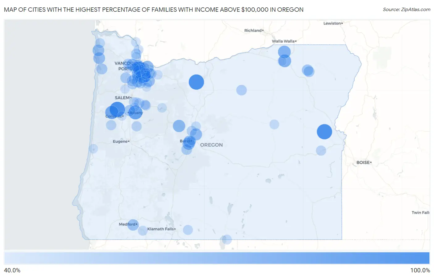 Cities with the Highest Percentage of Families with Income Above $100,000 in Oregon Map