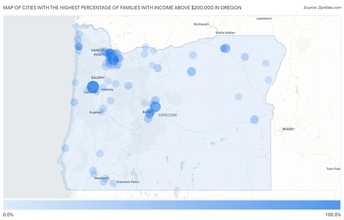 Cities with the Highest Percentage of Families with Income Above $200,000 in Oregon Map