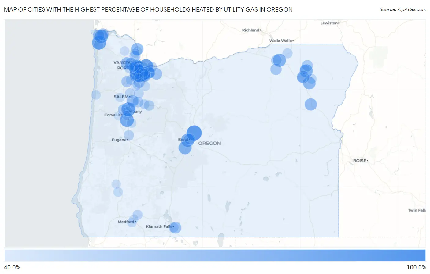 Cities with the Highest Percentage of Households Heated by Utility Gas in Oregon Map