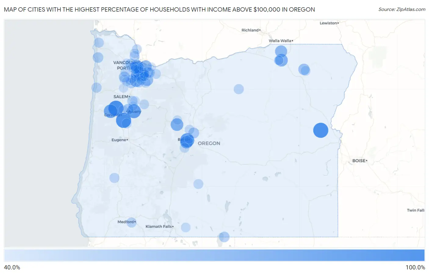 Cities with the Highest Percentage of Households with Income Above $100,000 in Oregon Map