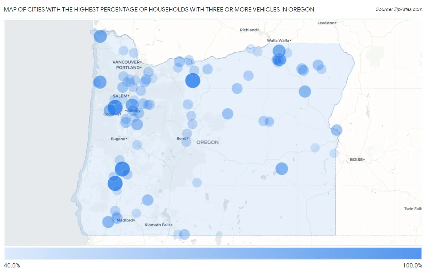 Cities with the Highest Percentage of Households With Three or more Vehicles in Oregon Map