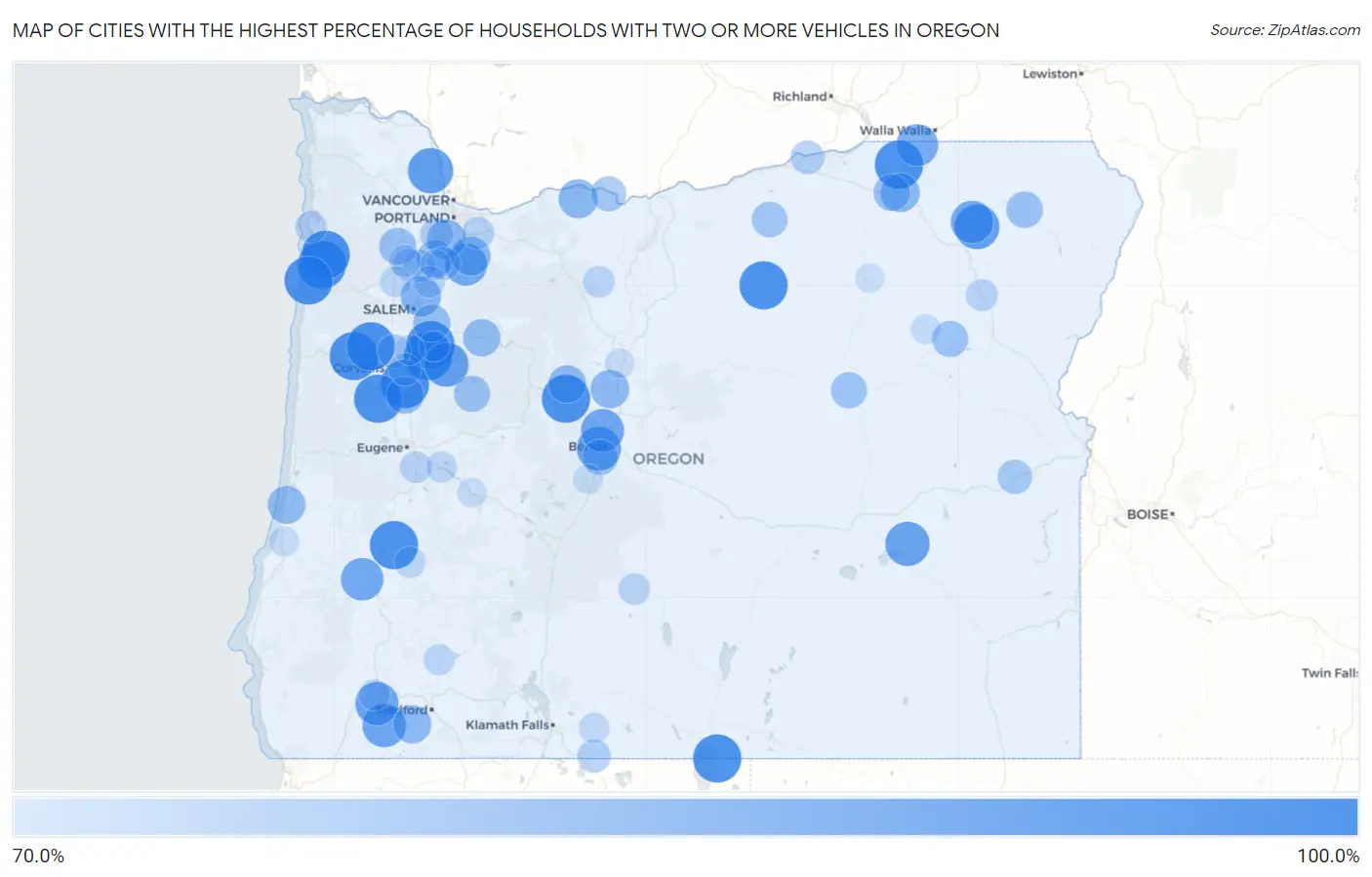 Cities with the Highest Percentage of Households With Two or more Vehicles in Oregon Map