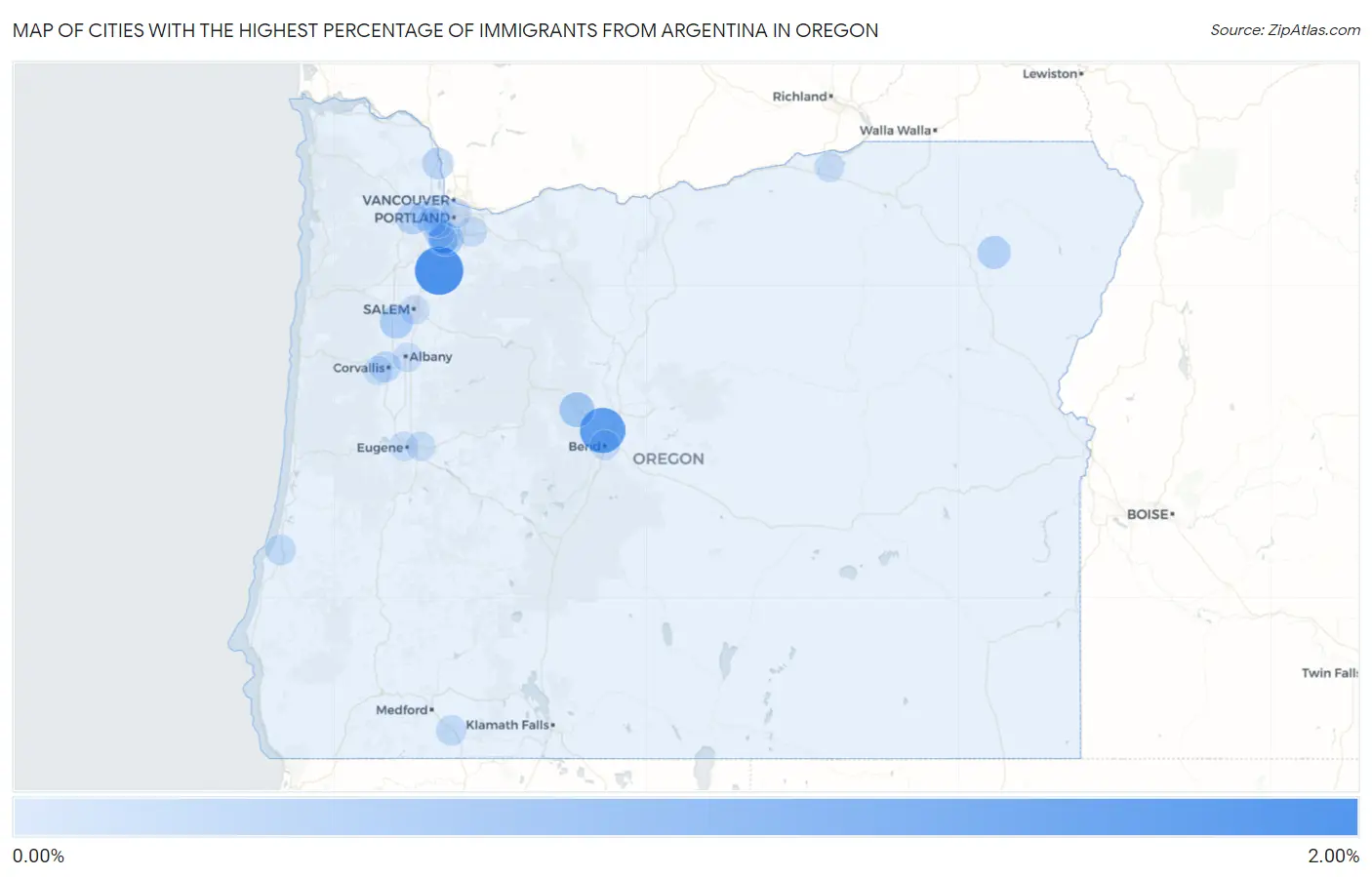 Cities with the Highest Percentage of Immigrants from Argentina in Oregon Map