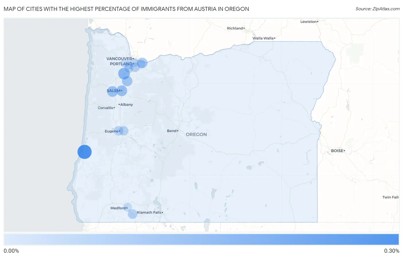 Cities with the Highest Percentage of Immigrants from Austria in Oregon Map