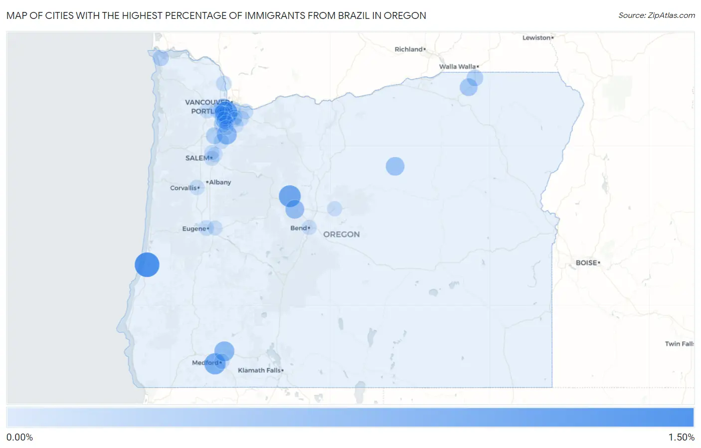 Cities with the Highest Percentage of Immigrants from Brazil in Oregon Map