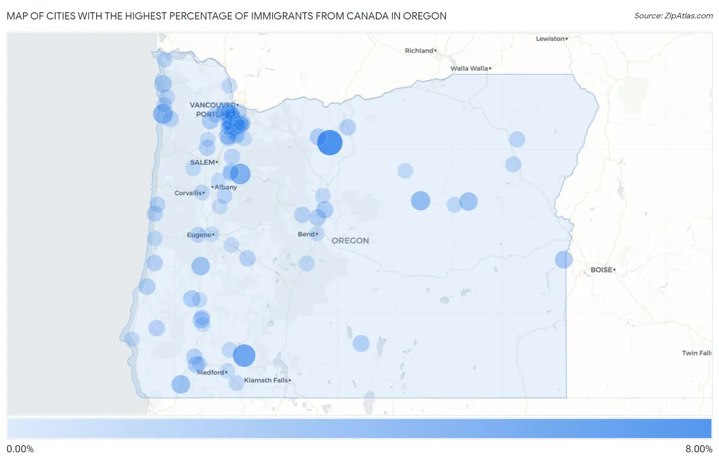 Cities with the Highest Percentage of Immigrants from Canada in Oregon Map