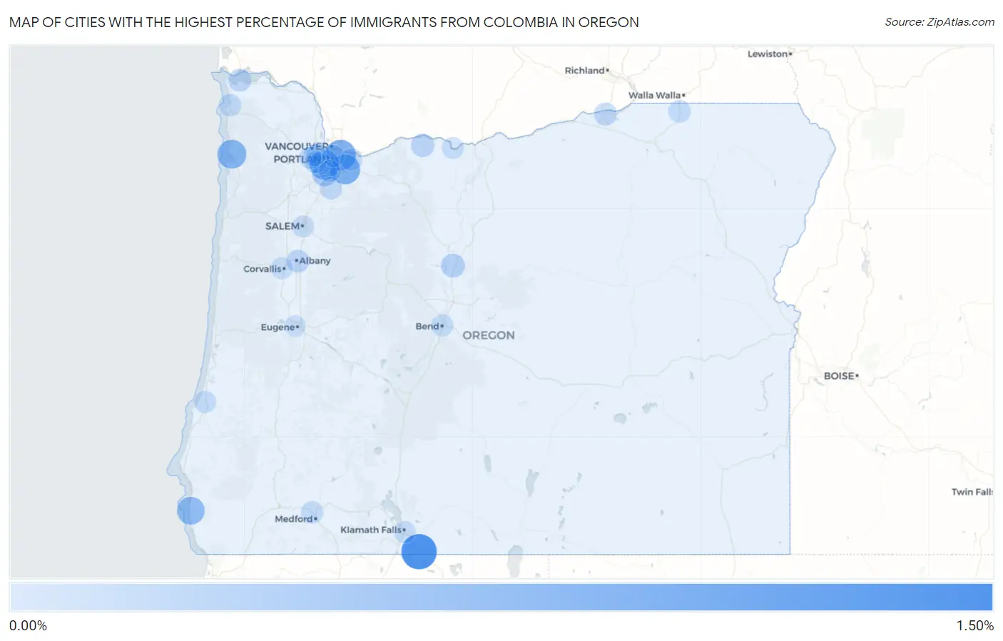 Cities with the Highest Percentage of Immigrants from Colombia in Oregon Map