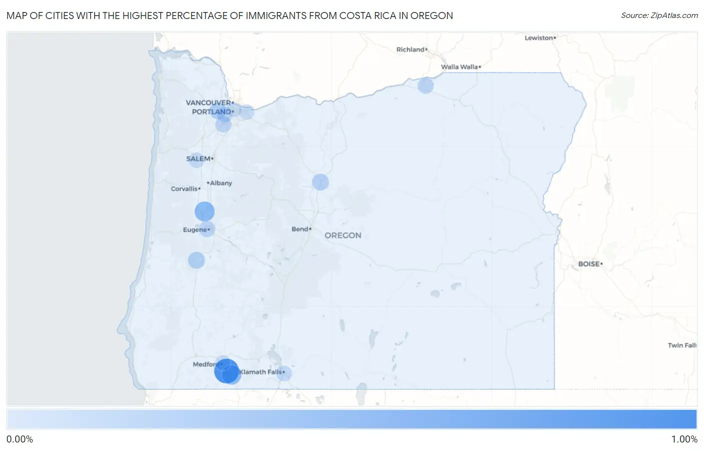 Cities with the Highest Percentage of Immigrants from Costa Rica in Oregon Map
