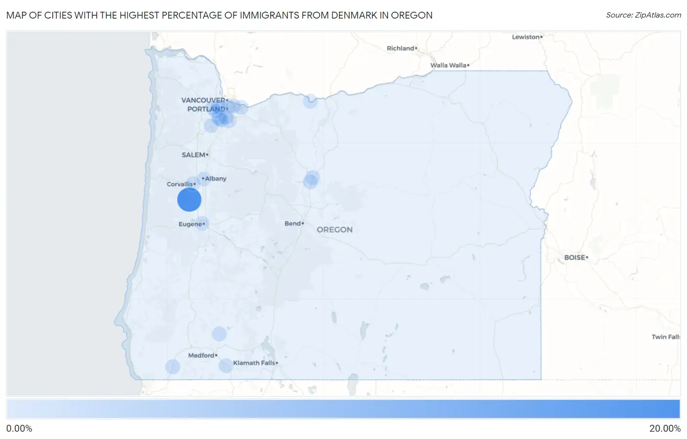 Cities with the Highest Percentage of Immigrants from Denmark in Oregon Map