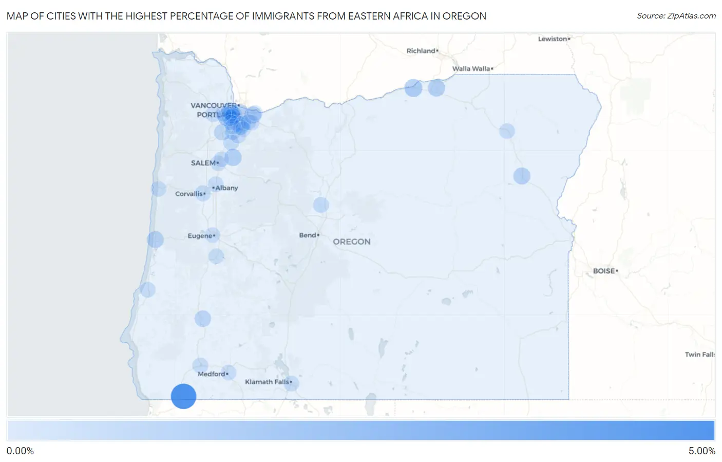 Cities with the Highest Percentage of Immigrants from Eastern Africa in Oregon Map