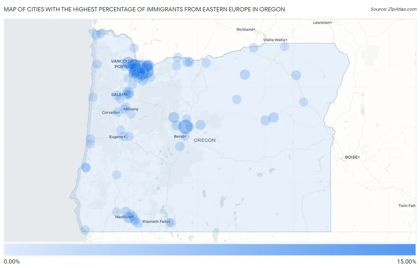 Cities with the Highest Percentage of Immigrants from Eastern Europe in Oregon Map