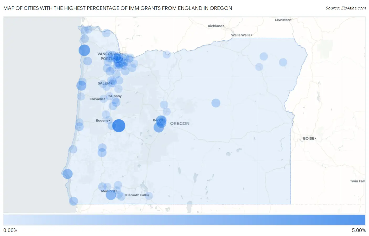 Cities with the Highest Percentage of Immigrants from England in Oregon Map