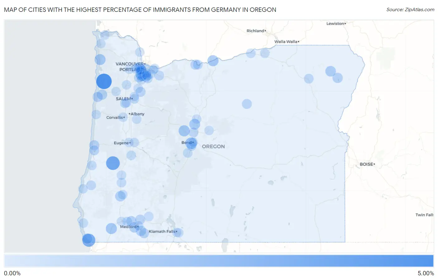Cities with the Highest Percentage of Immigrants from Germany in Oregon Map