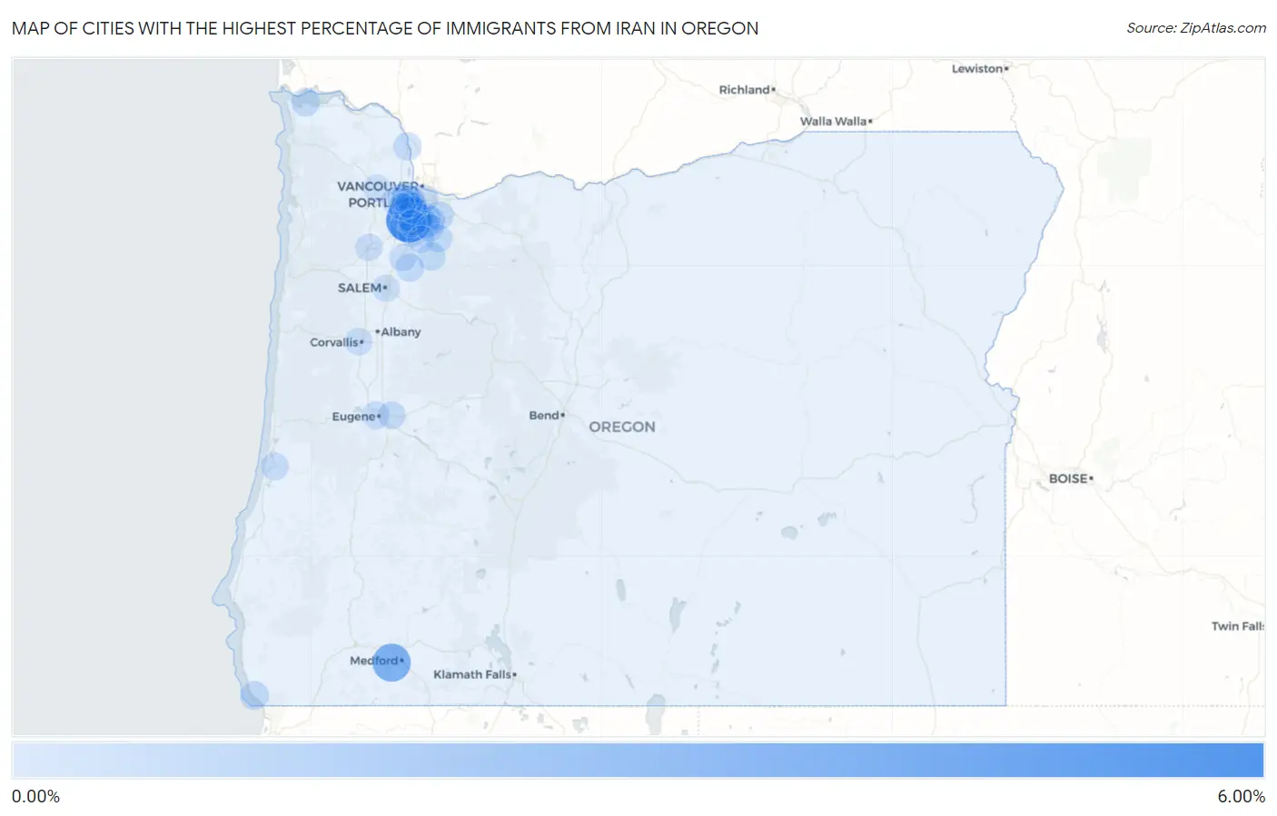 Cities with the Highest Percentage of Immigrants from Iran in Oregon Map