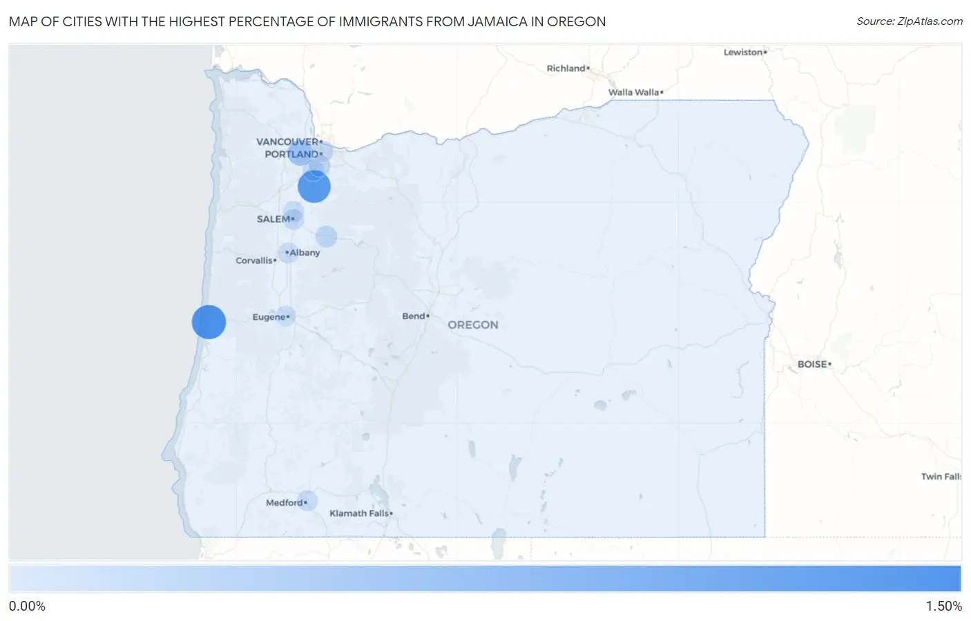 Cities with the Highest Percentage of Immigrants from Jamaica in Oregon Map