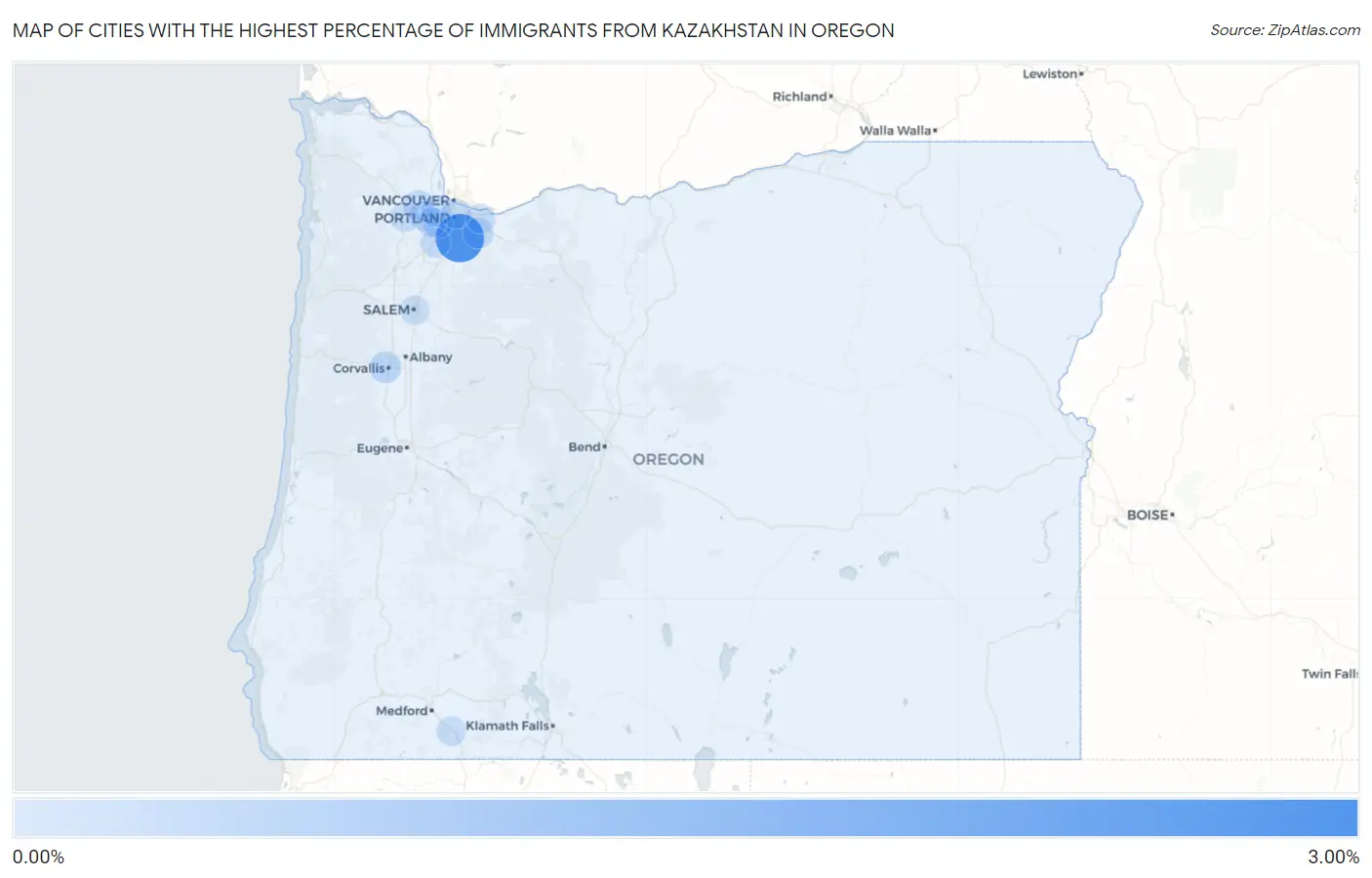 Cities with the Highest Percentage of Immigrants from Kazakhstan in Oregon Map