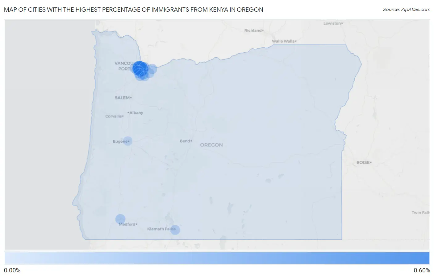 Cities with the Highest Percentage of Immigrants from Kenya in Oregon Map