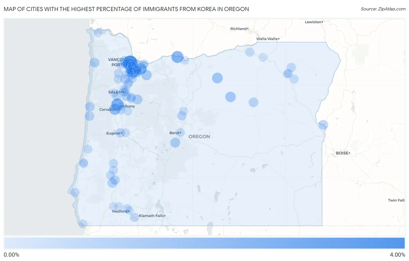 Cities with the Highest Percentage of Immigrants from Korea in Oregon Map