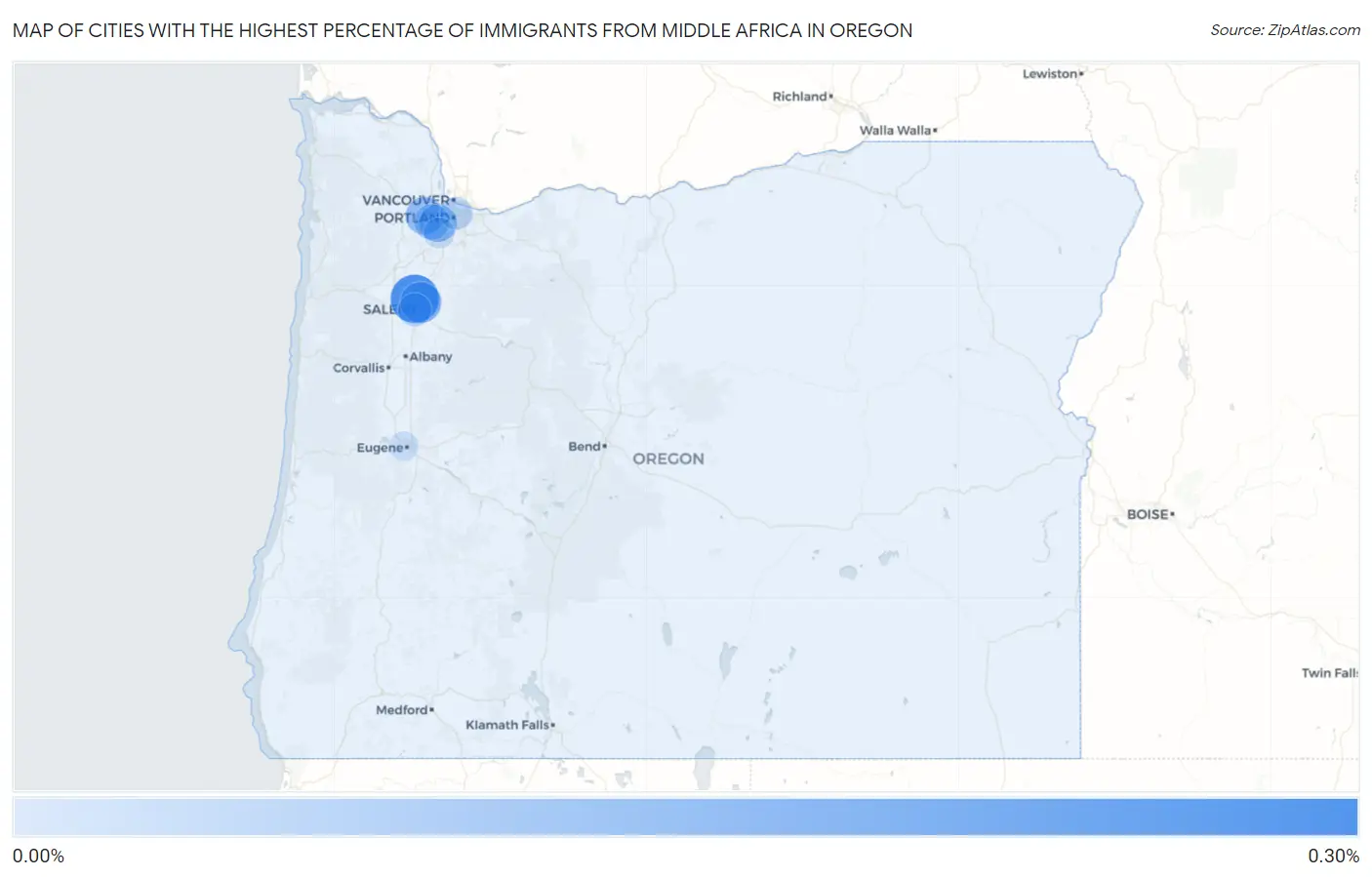 Cities with the Highest Percentage of Immigrants from Middle Africa in Oregon Map