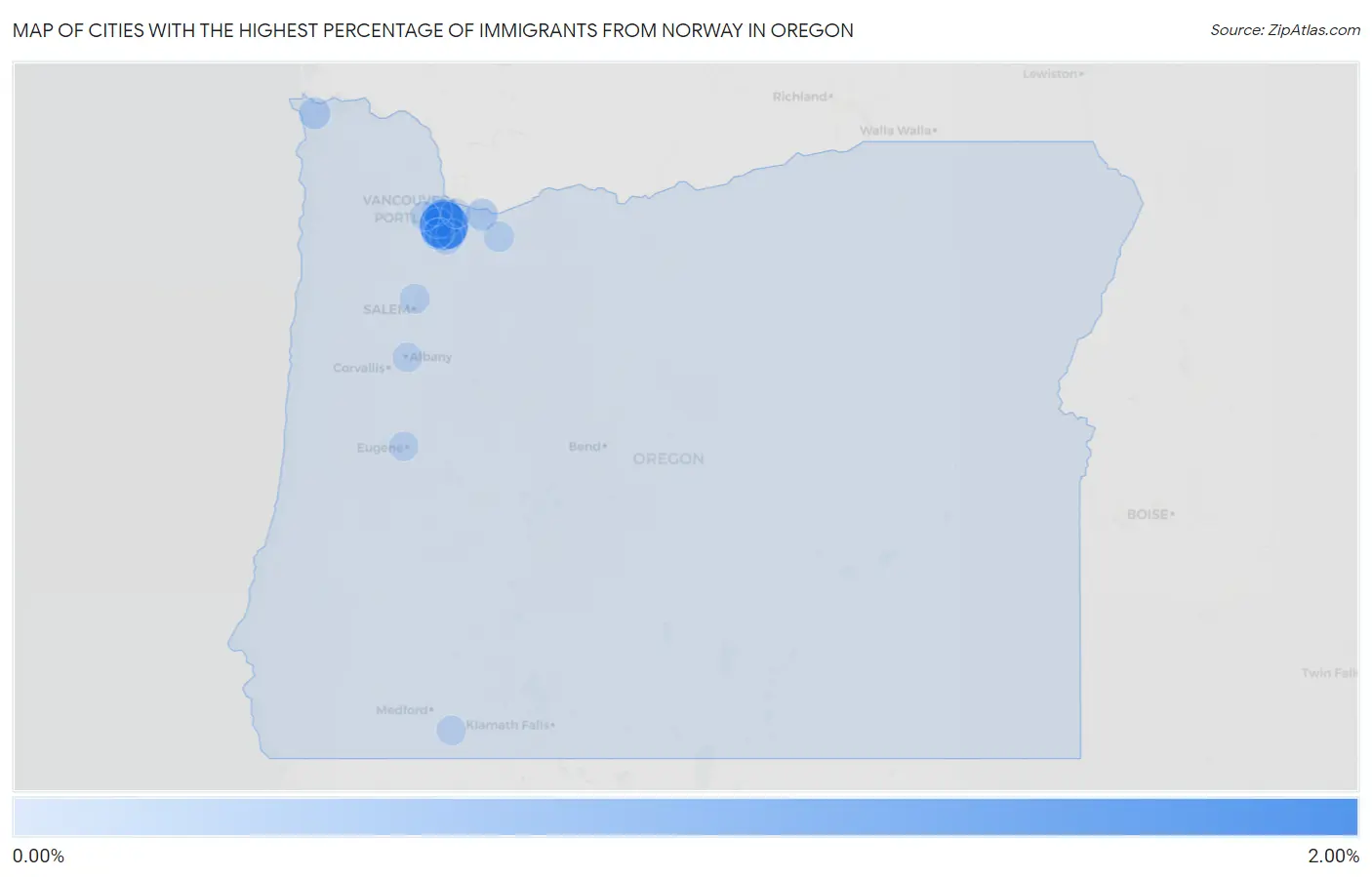 Cities with the Highest Percentage of Immigrants from Norway in Oregon Map