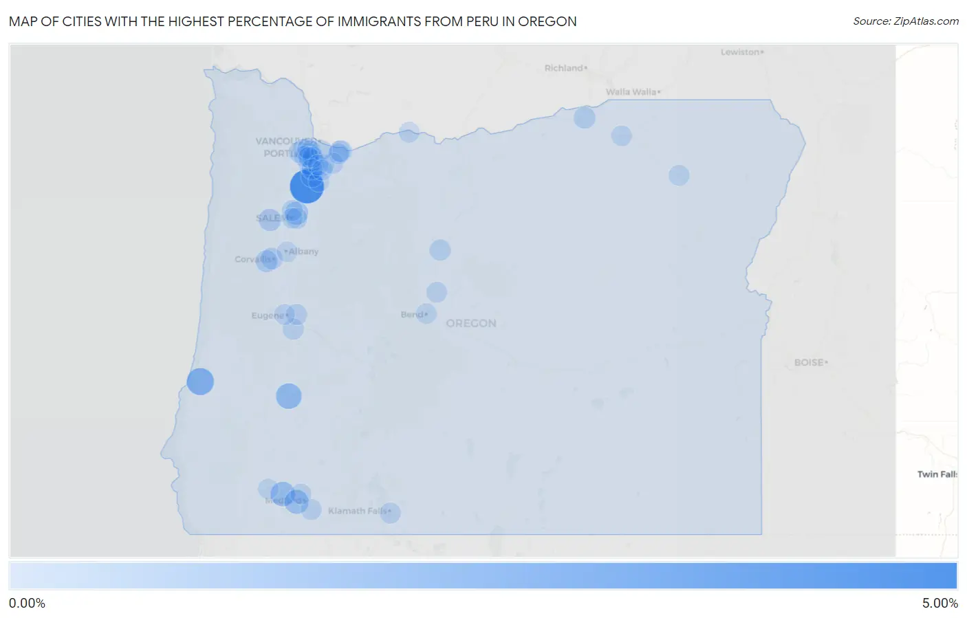Cities with the Highest Percentage of Immigrants from Peru in Oregon Map