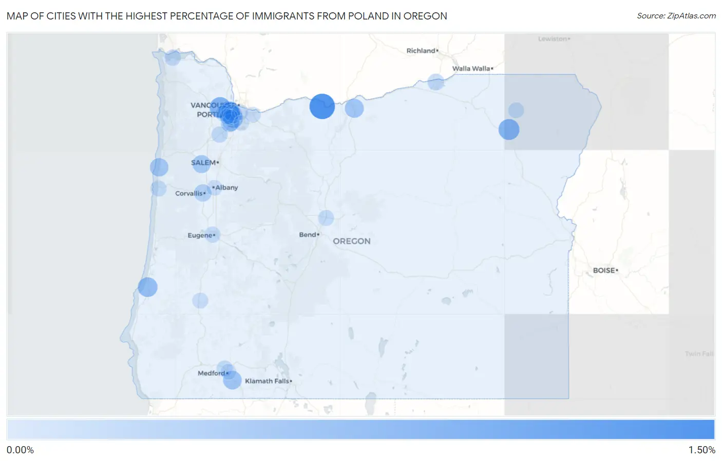 Cities with the Highest Percentage of Immigrants from Poland in Oregon Map