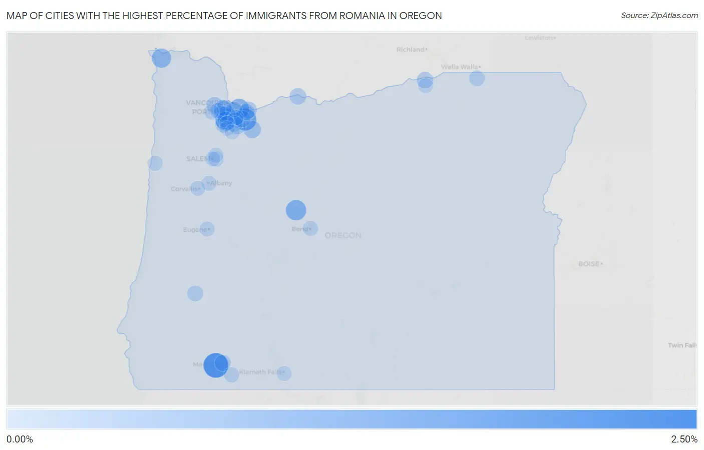 Cities with the Highest Percentage of Immigrants from Romania in Oregon Map