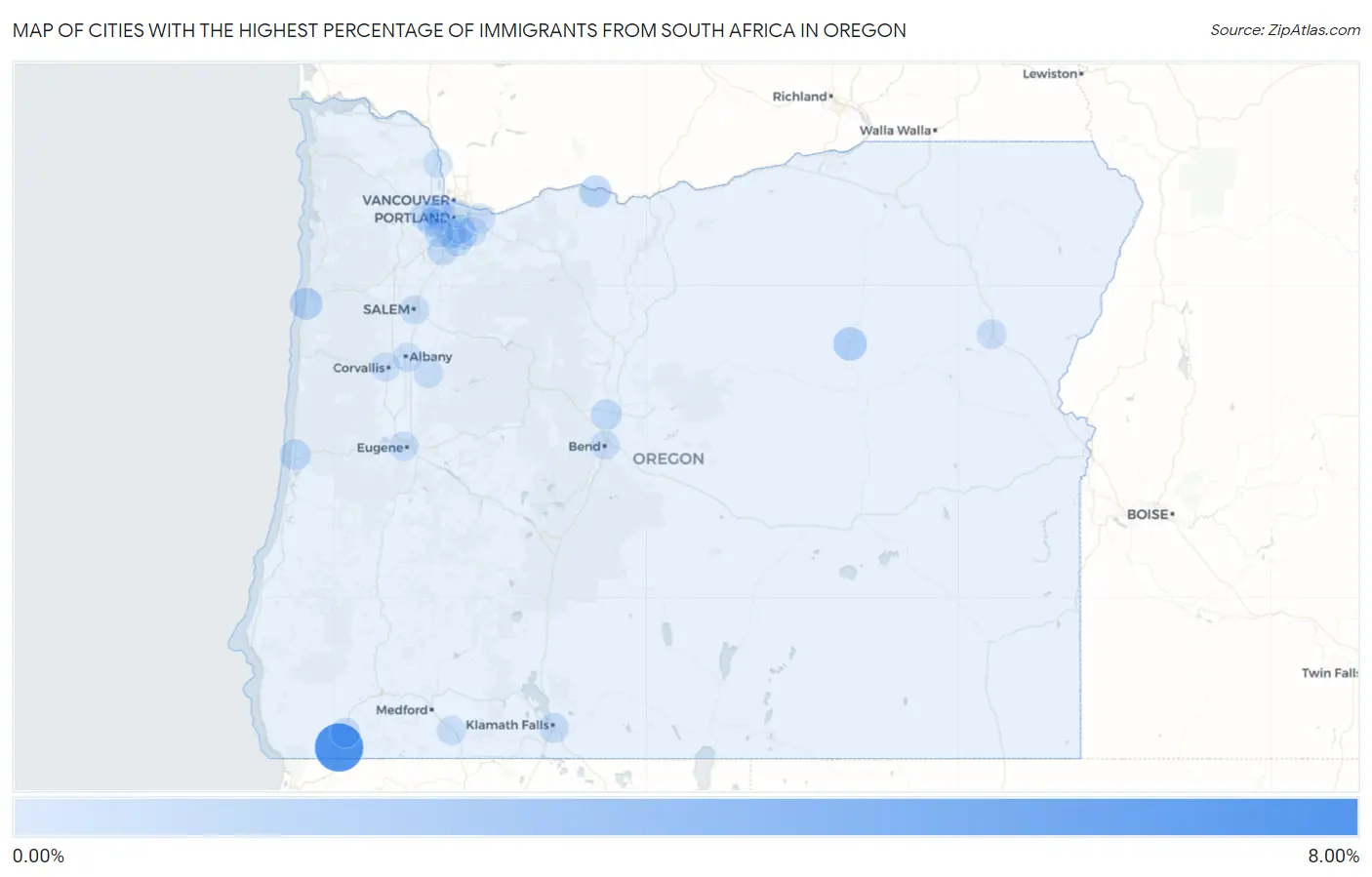 Cities with the Highest Percentage of Immigrants from South Africa in Oregon Map