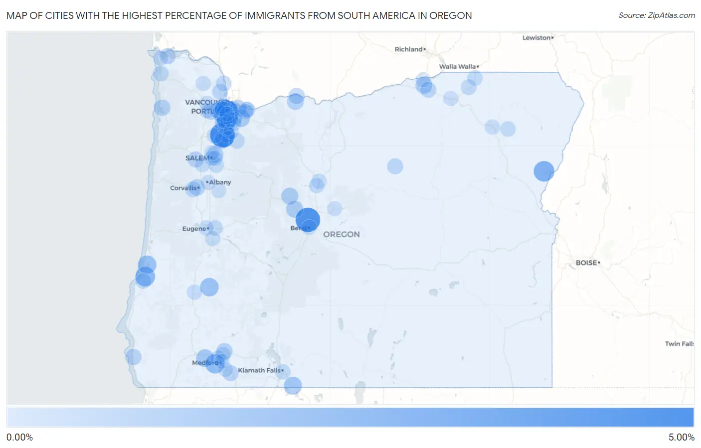 Cities with the Highest Percentage of Immigrants from South America in Oregon Map