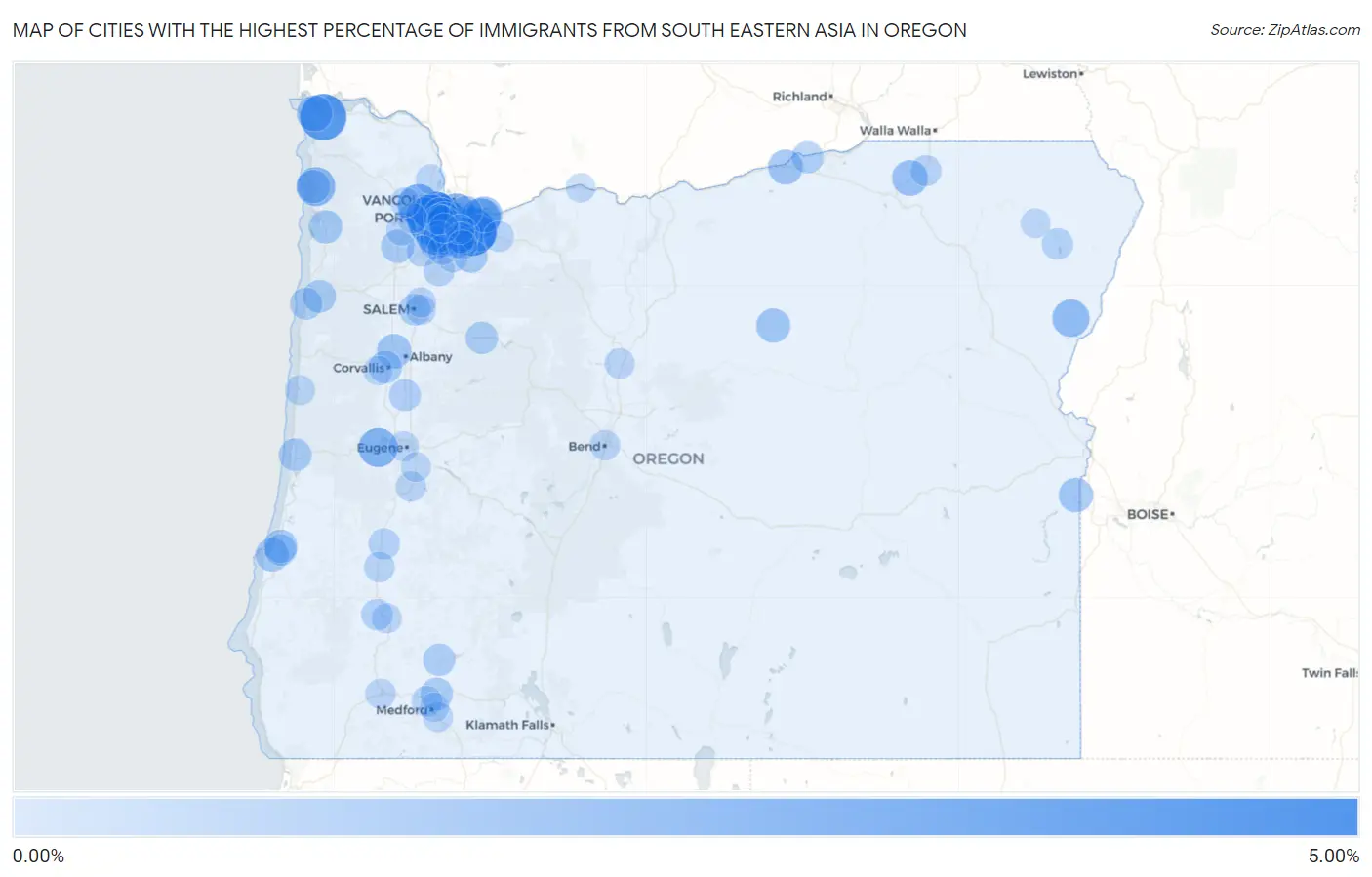 Cities with the Highest Percentage of Immigrants from South Eastern Asia in Oregon Map