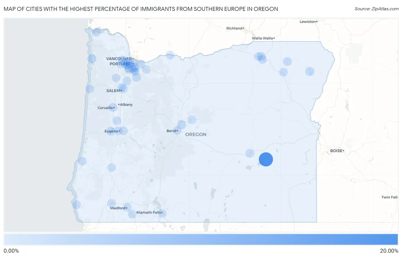 Cities with the Highest Percentage of Immigrants from Southern Europe in Oregon Map