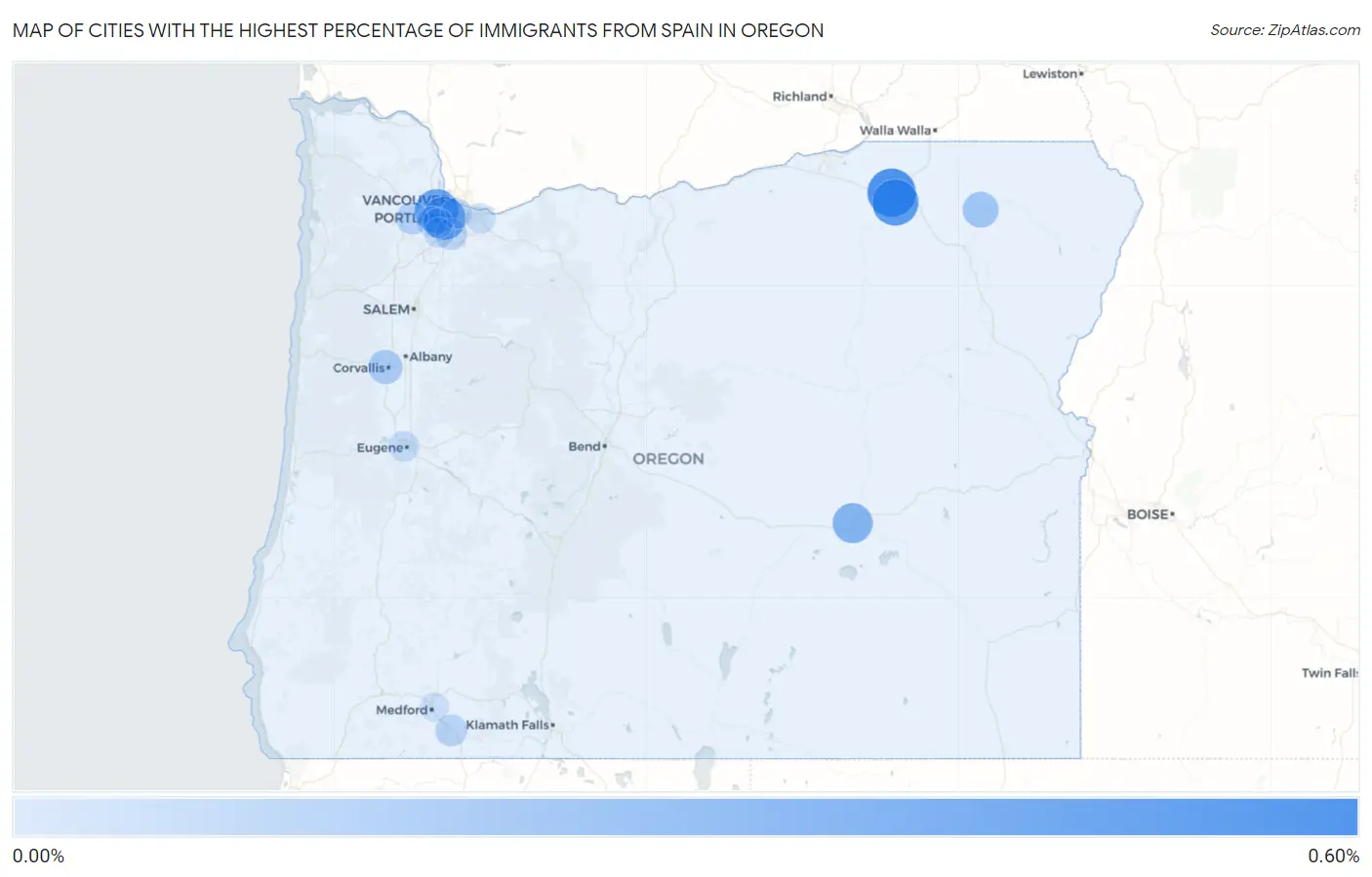Cities with the Highest Percentage of Immigrants from Spain in Oregon Map
