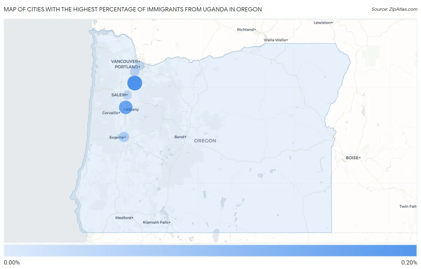 Cities with the Highest Percentage of Immigrants from Uganda in Oregon Map