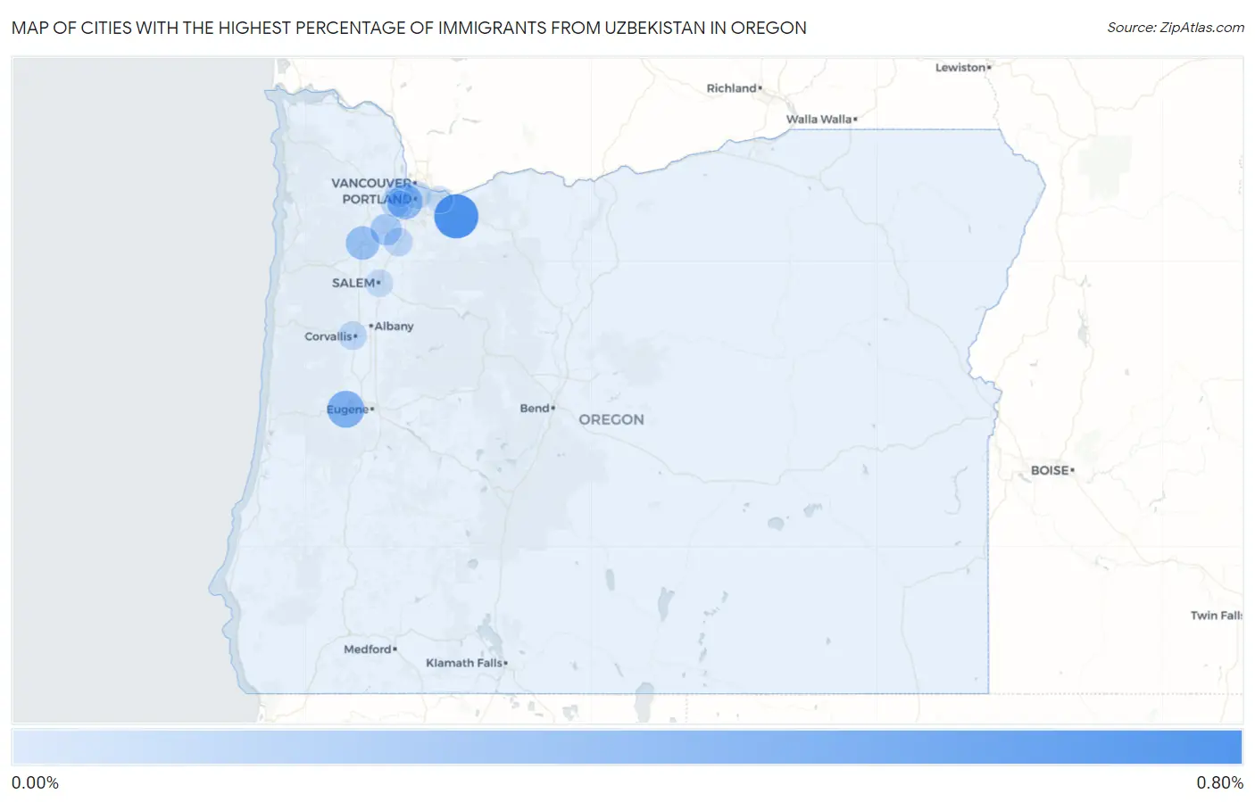 Cities with the Highest Percentage of Immigrants from Uzbekistan in Oregon Map