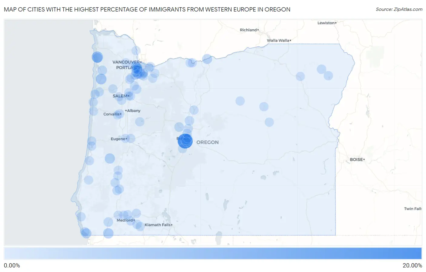 Cities with the Highest Percentage of Immigrants from Western Europe in Oregon Map