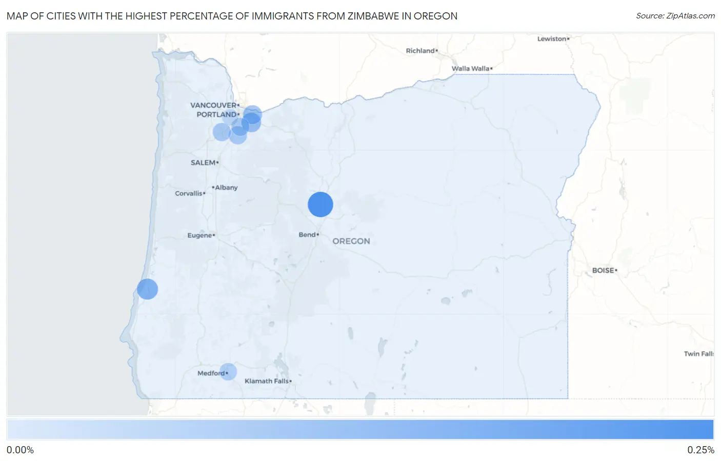 Cities with the Highest Percentage of Immigrants from Zimbabwe in Oregon Map