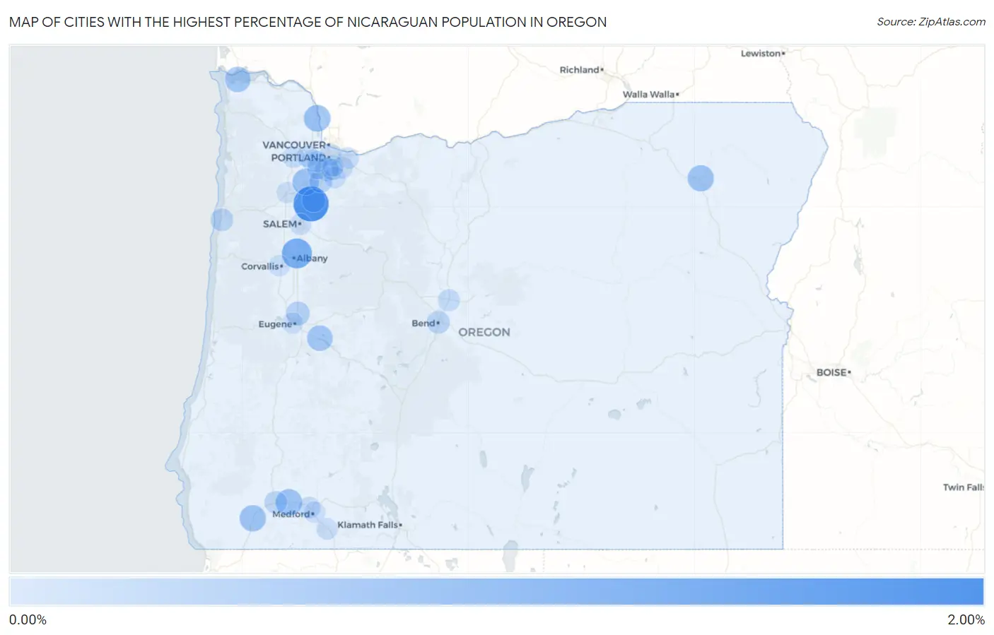 Cities with the Highest Percentage of Nicaraguan Population in Oregon Map