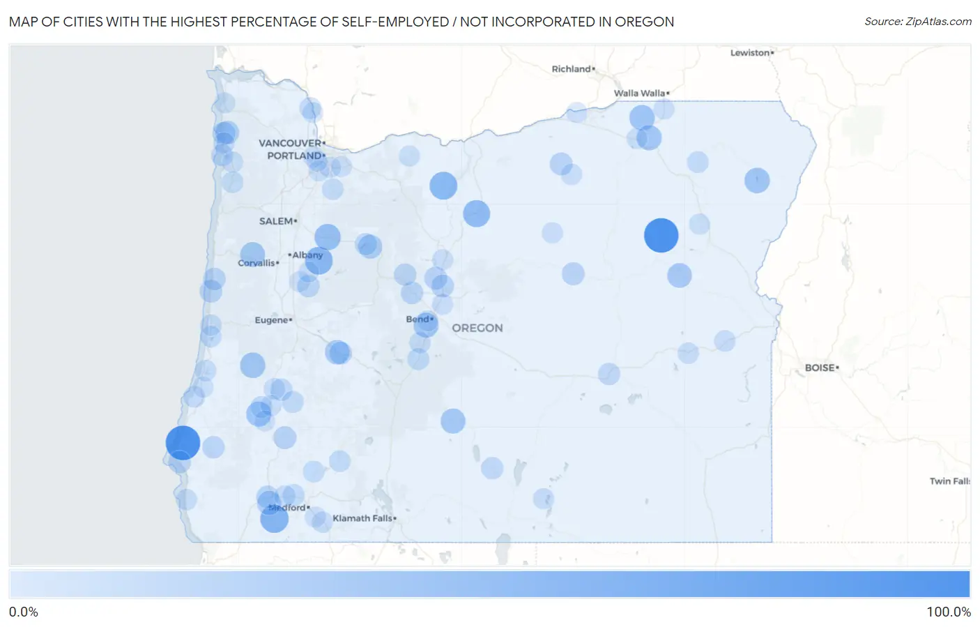 Cities with the Highest Percentage of Self-Employed / Not Incorporated in Oregon Map