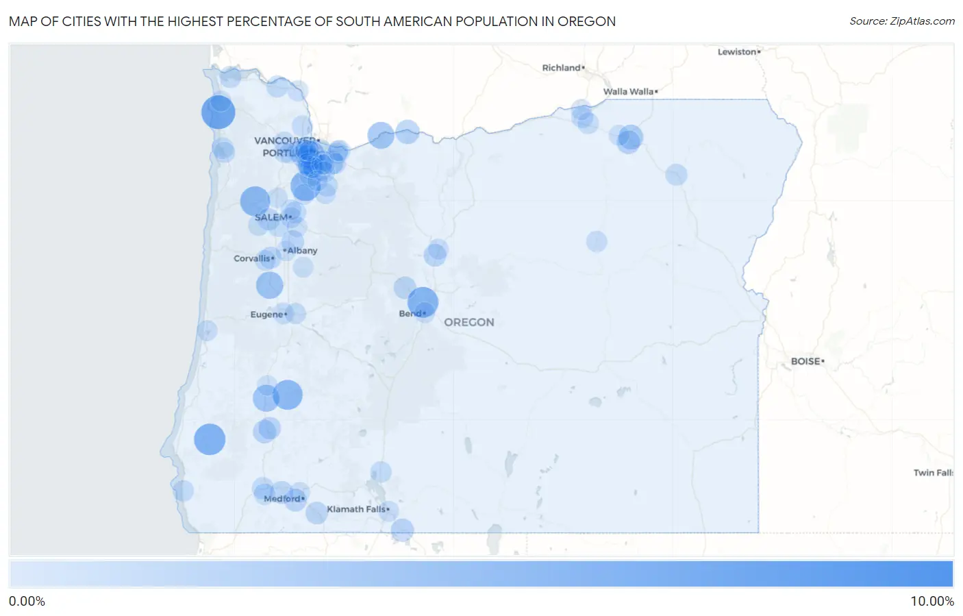 Cities with the Highest Percentage of South American Population in Oregon Map