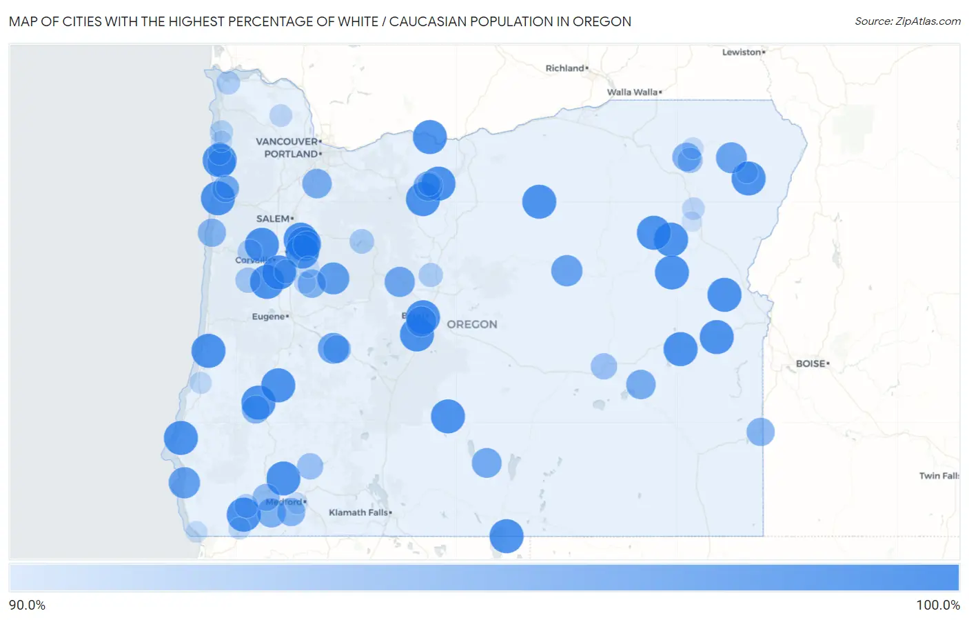 Cities with the Highest Percentage of White / Caucasian Population in Oregon Map
