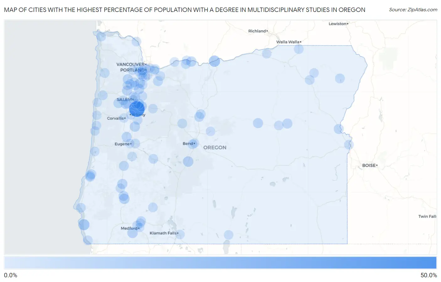 Cities with the Highest Percentage of Population with a Degree in Multidisciplinary Studies in Oregon Map